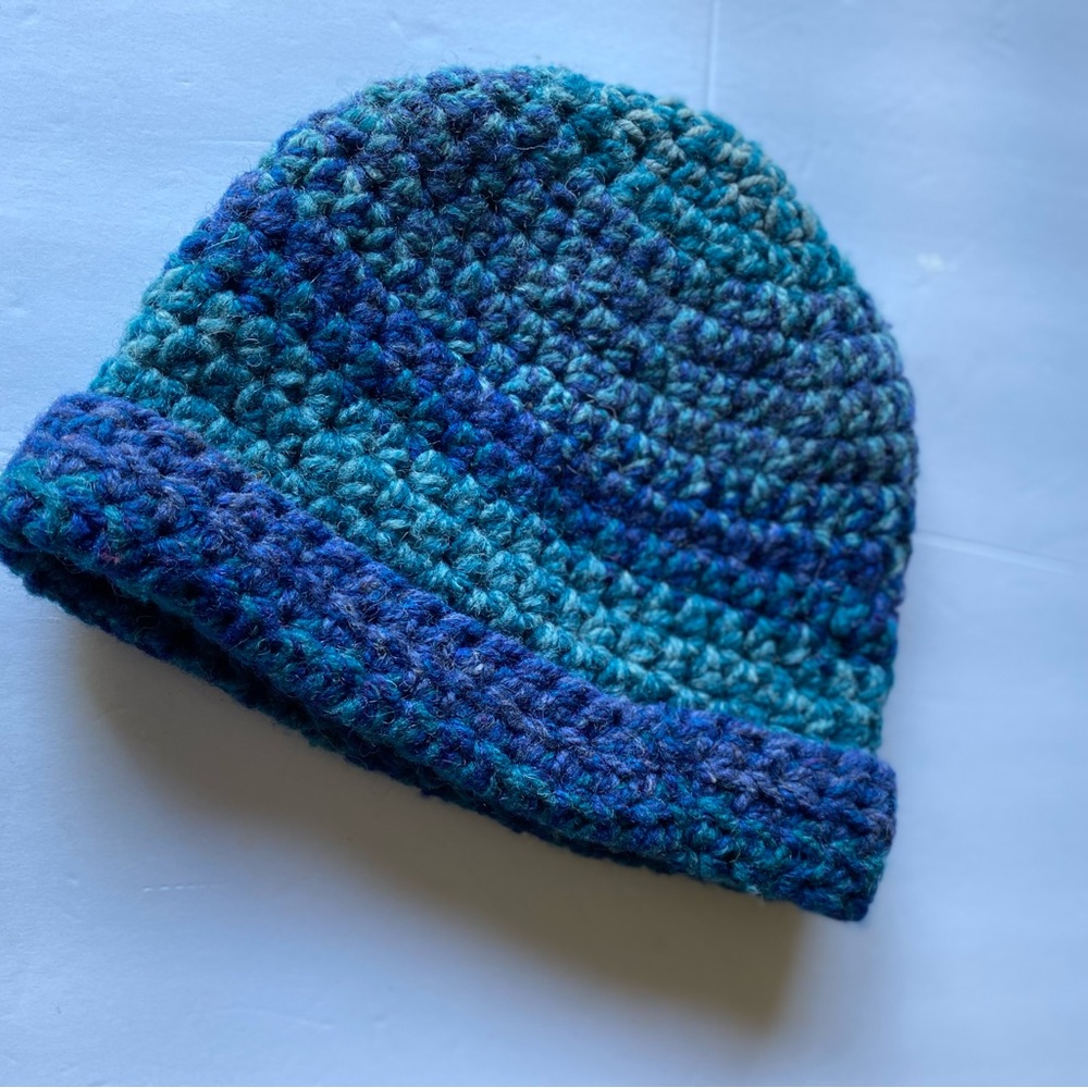 Hand Crochet (UNISEX) blue & teal winter hat, Size: 21” circumference
